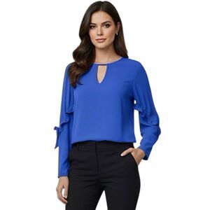 Express Womens Blouse Sz Small Blue Long Sleeve Office Retro Work Wear Business